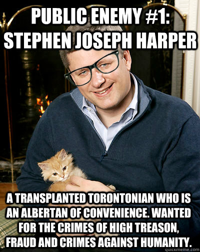 Public Enemy #1: Stephen Joseph Harper A transplanted Torontonian who is an Albertan of convenience. Wanted for the crimes of High Treason, Fraud and crimes against humanity.  Hipster Harper