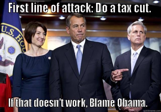 FIRST LINE OF ATTACK: DO A TAX CUT. IF THAT DOESN'T WORK, BLAME OBAMA.   Misc