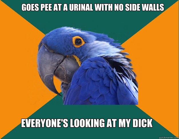 goes pee at a urinal with no side walls everyone's looking at my dick  Paranoid Parrot