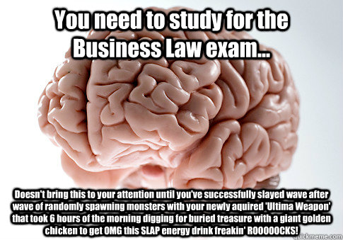 You need to study for the Business Law exam... Doesn't bring this to your attention until you've successfully slayed wave after wave of randomly spawning monsters with your newly aquired 'Ultima Weapon' that took 6 hours of the morning digging for buried  - You need to study for the Business Law exam... Doesn't bring this to your attention until you've successfully slayed wave after wave of randomly spawning monsters with your newly aquired 'Ultima Weapon' that took 6 hours of the morning digging for buried   Scumbag Brain