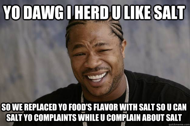 yo dawg i herd u like salt  so we replaced yo food's flavor with salt so u can salt yo complaints while u complain about salt - yo dawg i herd u like salt  so we replaced yo food's flavor with salt so u can salt yo complaints while u complain about salt  Xzibit meme