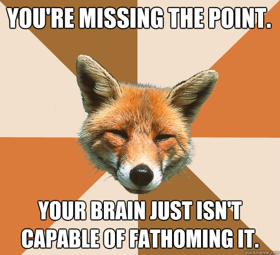 You're missing the point. Your brain just isn't capable of fathoming it.  Condescending Fox