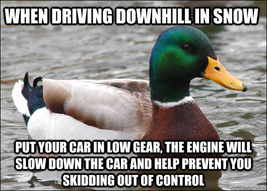 when driving downhill in snow  put your car in low gear, the engine will slow down the car and help prevent you skidding out of control   Actual Advice Mallard