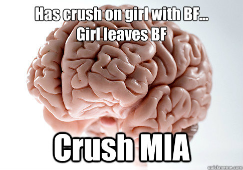 Has crush on girl with BF...
Girl leaves BF Crush MIA   Scumbag Brain