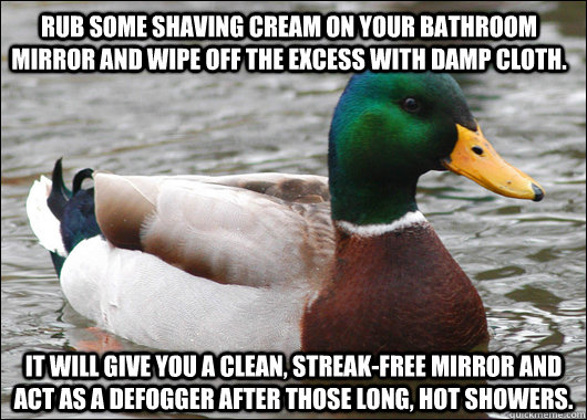 Rub some shaving cream on your bathroom mirror and wipe off the excess with damp cloth.  It will give you a clean, streak-free mirror and act as a defogger after those long, hot showers.  Actual Advice Mallard