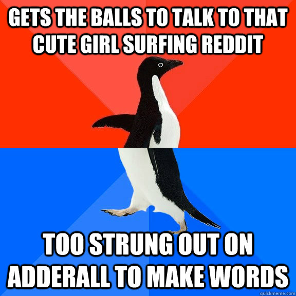 gets the balls to talk to that cute girl surfing reddit too strung out on adderall to make words - gets the balls to talk to that cute girl surfing reddit too strung out on adderall to make words  Socially Awesome Awkward Penguin