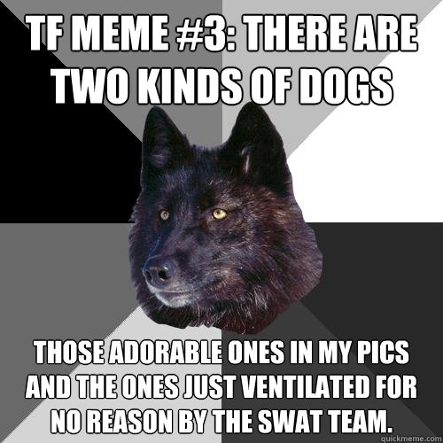 tf meme #3: There are two kinds of dogs those adorable ones in my pics and the ones just ventilated for no reason by the swat team. - tf meme #3: There are two kinds of dogs those adorable ones in my pics and the ones just ventilated for no reason by the swat team.  Sanity Wolf