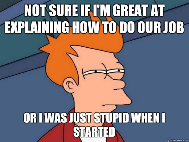 Not sure if I'm great at explaining how to do our job Or I was just stupid when I started  Futurama Fry