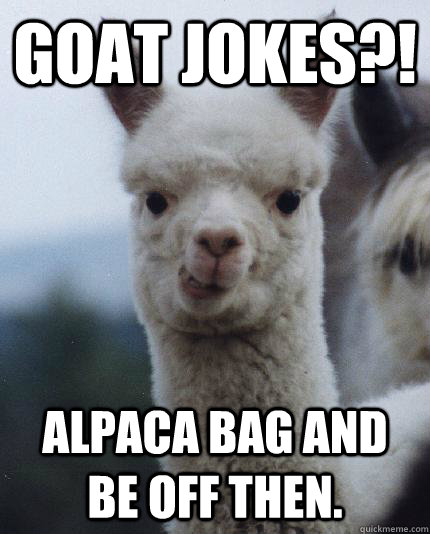 GOAT JOKES?! ALPACA BAG AND BE OFF THEN.  ALPACA