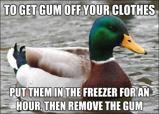 To get gum off your clothes put them in the freezer for an hour, then remove the gum  Actual Advice Mallard