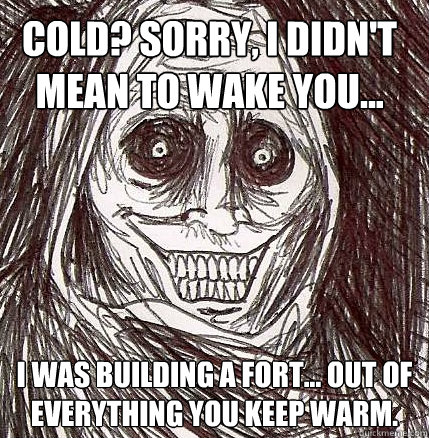 Cold? Sorry, I didn't mean to wake you...  I was building a fort... out of everything you keep warm. Caption 3 goes here  Horrifying Houseguest