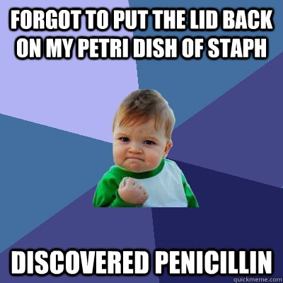 Forgot to put the lid back on my petri dish of staph Discovered penicillin - Forgot to put the lid back on my petri dish of staph Discovered penicillin  Success Kid