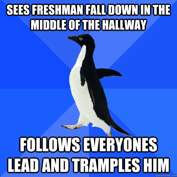 sees freshman fall down in the middle of the hallway follows everyones lead and tramples him  Socially Awkward Penguin