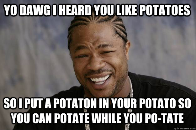 YO DAWG I HEARD YOU LIKE POTATOES SO I PUT A POTATON IN YOUR POTATO SO YOU CAN POTATE WHILE YOU PO-TATE  Xzibit meme