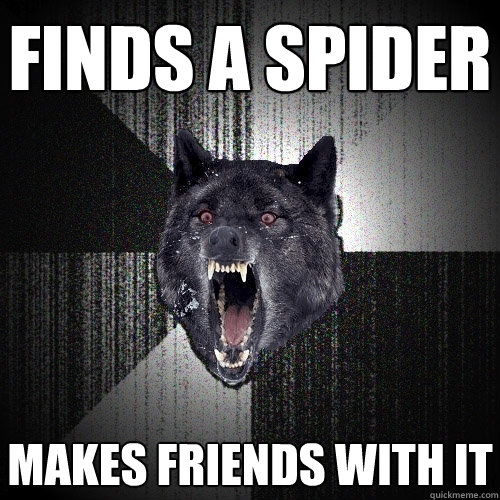 Finds a spider Makes friends with it  Insanity Wolf