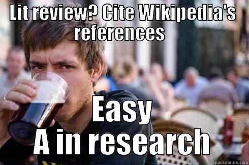 LIT REVIEW? CITE WIKIPEDIA'S REFERENCES   EASY A IN RESEARCH Lazy College Senior