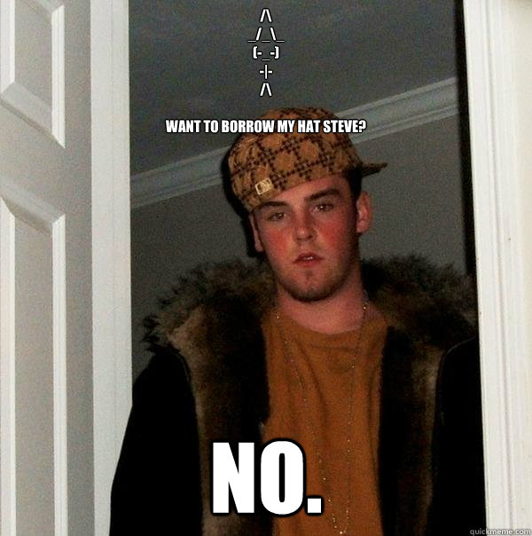 /\
_/_\_
(-_-)
-|-
/\

Want to borrow my hat Steve? No.  Scumbag Steve