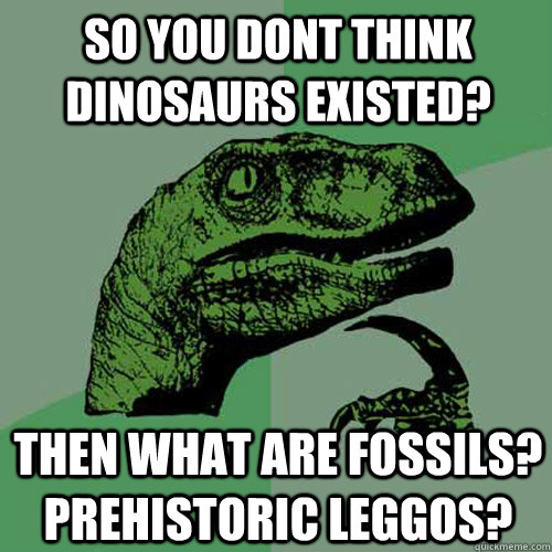 so you dont think dinosaurs existed? then what are fossils? prehistoric leggos?  Philosoraptor