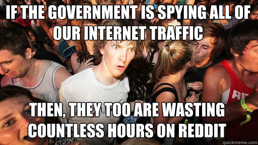 If the government is spying all of our Internet traffic Then, they too are wasting countless hours on reddit  Sudden Clarity Clarence
