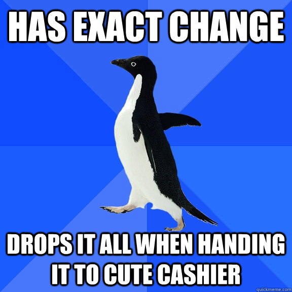Has exact change drops it all when handing it to cute cashier  Socially Awkward Penguin