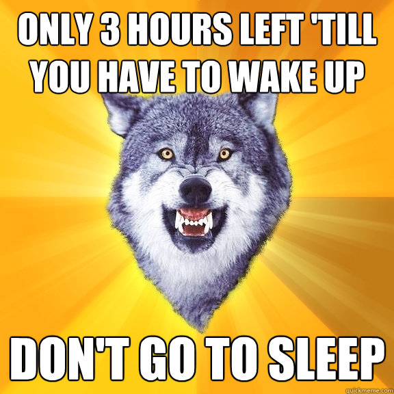 only 3 hours left 'till you have to wake up don't go to sleep  Courage Wolf