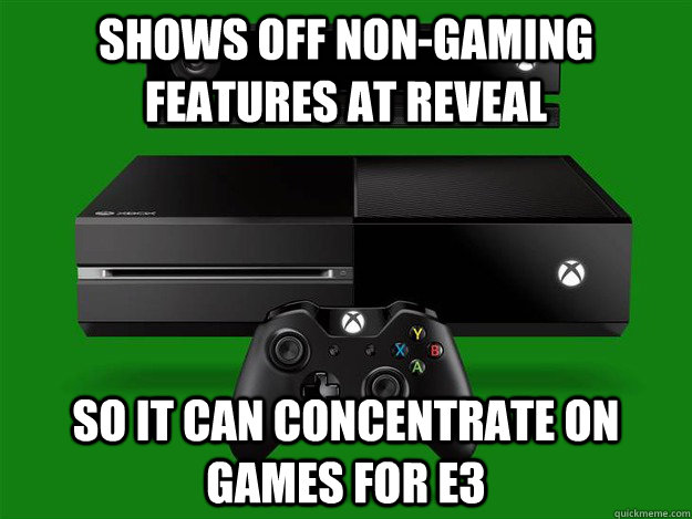 shows off non-gaming features at reveal so it can concentrate on games for e3 - shows off non-gaming features at reveal so it can concentrate on games for e3  Misc