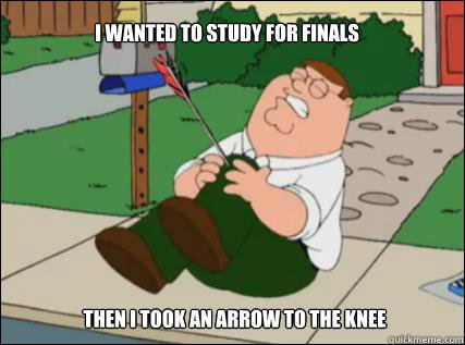 I wanted to study for finals Then i took an arrow to the knee  