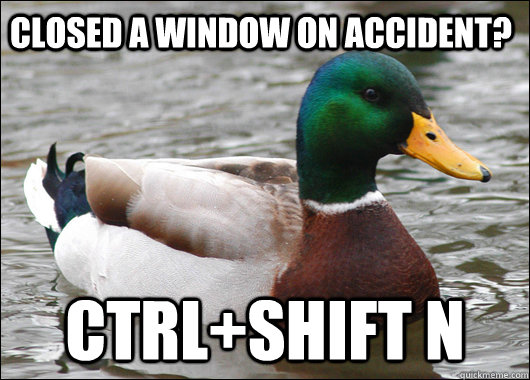 Closed a window on accident? ctrl+shift n   Actual Advice Mallard