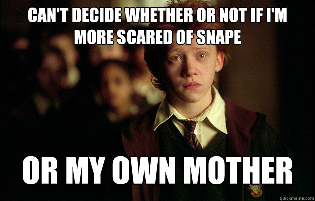 can't decide whether or not if i'm more scared of snape or my own mother  Ron Weasley