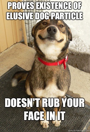 Proves existence of elusive Dog Particle Doesn't rub your face in it  Good Dog Greg