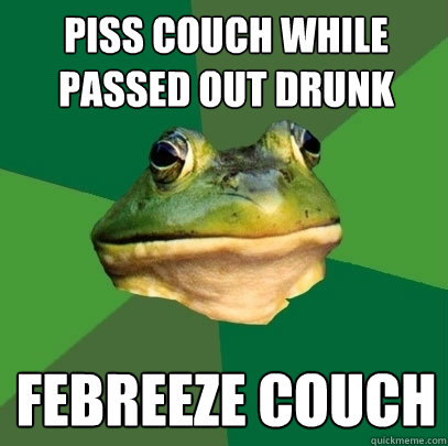 Piss couch while passed out drunk Febreeze couch  Foul Bachelor Frog
