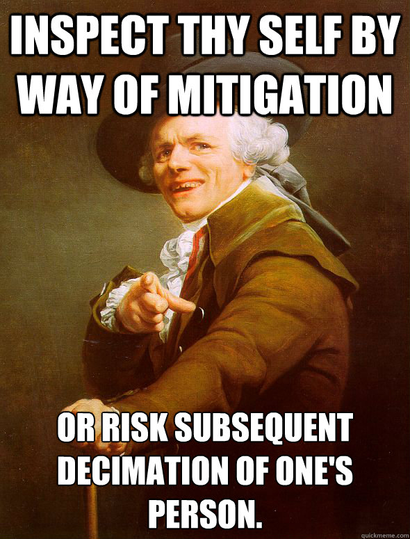 Inspect thy self by way of mitigation  or risk subsequent decimation of one's person.  Joseph Ducreux