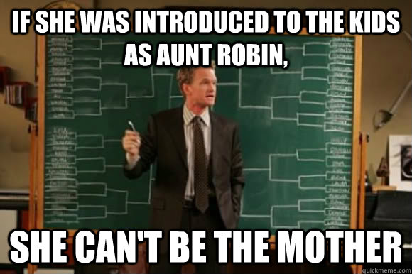 If she was introduced to the kids as Aunt Robin, she can't be the mother - If she was introduced to the kids as Aunt Robin, she can't be the mother  Explanation Barney