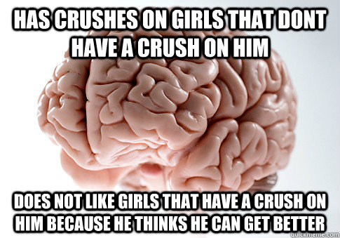 Has crushes on girls that dont have a crush on him Does not like girls that have a crush on him because he thinks he can get better  Scumbag Brain