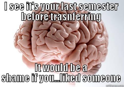 I SEE IT'S YOUR LAST SEMESTER BEFORE TRASNFERRING IT WOULD BE A SHAME IF YOU...LIKED SOMEONE Scumbag Brain