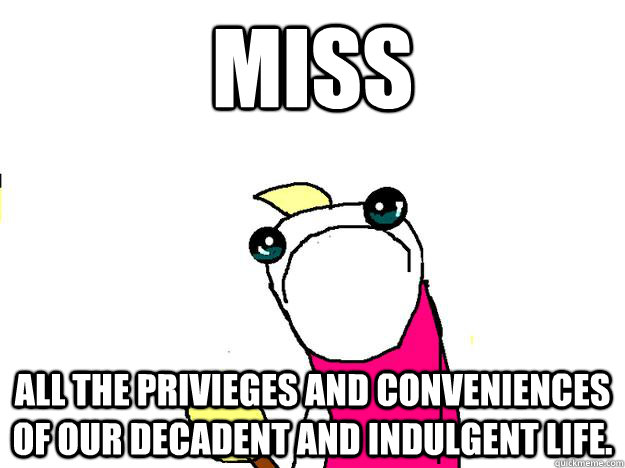 miss All the privieges and conveniences of our decadent and indulgent life.  All the things sad