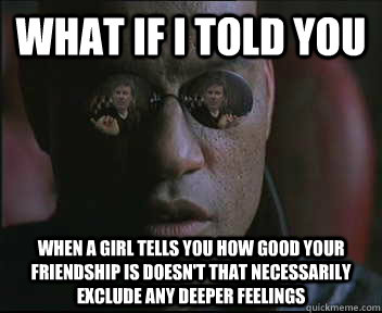 What if i told you when a girl tells you how good your friendship is doesn't that necessarily exclude any deeper feelings  brink what if i told you