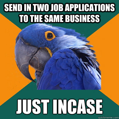 send in two job applications to the same business just incase  Paranoid Parrot