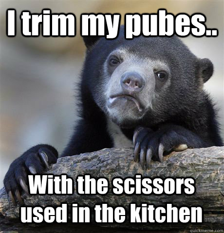 I trim my pubes.. With the scissors used in the kitchen  Confession Bear