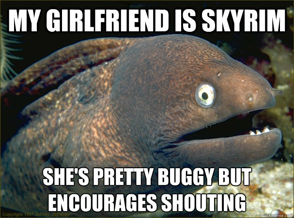 my girlfriend is skyrim she's pretty buggy but encourages shouting  Bad Joke Eel