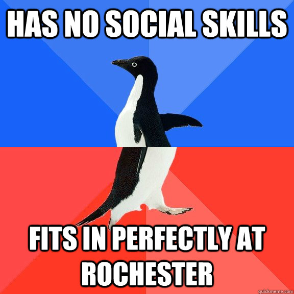 Has no social skills Fits in perfectly at rochester  Socially Awkward Awesome Penguin