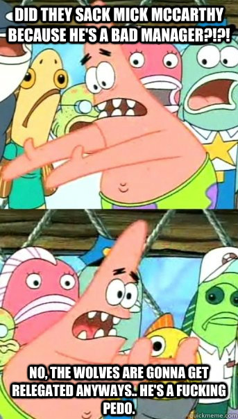 Did they sack Mick McCarthy because he's a bad manager?!?! No, the wolves are gonna get relegated anyways.. he's a fucking PEDO.  Push it somewhere else Patrick