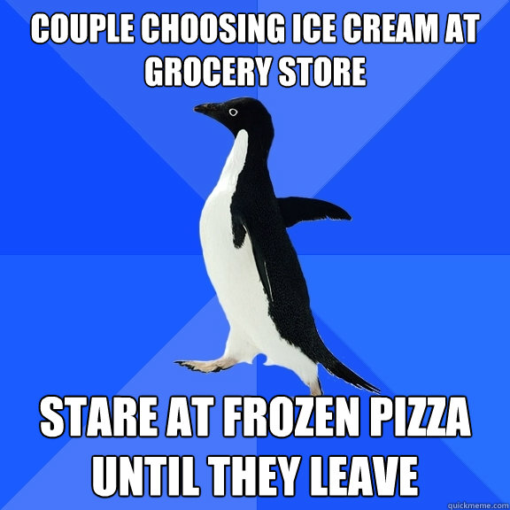 couple choosing ice cream at grocery store stare at frozen pizza until they leave  Socially Awkward Penguin