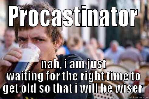 PROCASTINATOR NAH, I AM JUST WAITING FOR THE RIGHT TIME TO GET OLD SO THAT I WILL BE WISER  Lazy College Senior