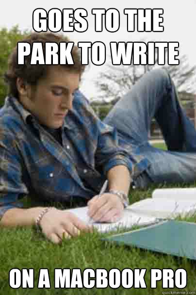 goes to the park to write on a macbook pro  Junior Copywriter