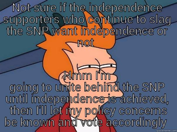 Divide and conquer  - NOT SURE IF THE INDEPENDENCE SUPPORTERS WHO CONTINUE TO SLAG THE SNP WANT INDEPENDENCE OR NOT  HMM I'M GOING TO UNITE BEHIND THE SNP UNTIL INDEPENDENCE IS ACHIEVED,  THEN I'LL LET MY POLICY CONCERNS BE KNOWN AND VOTE ACCORDINGLY  Futurama Fry