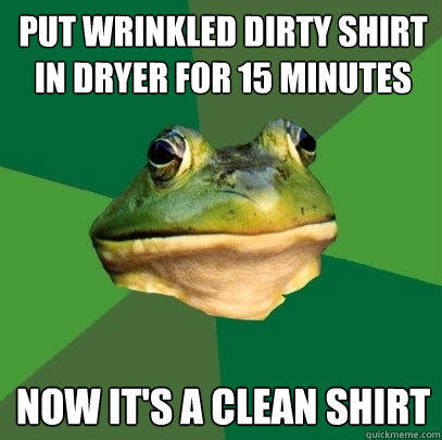 put wrinkled dirty shirt in dryer for 15 minutes now it's a clean shirt  Foul Bachelor Frog