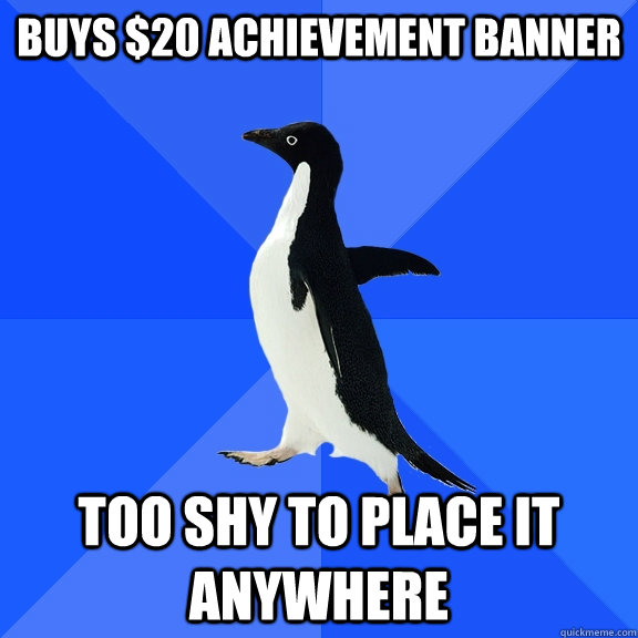 Buys $20 achievement banner Too shy to place it anywhere  Socially Awkward Penguin