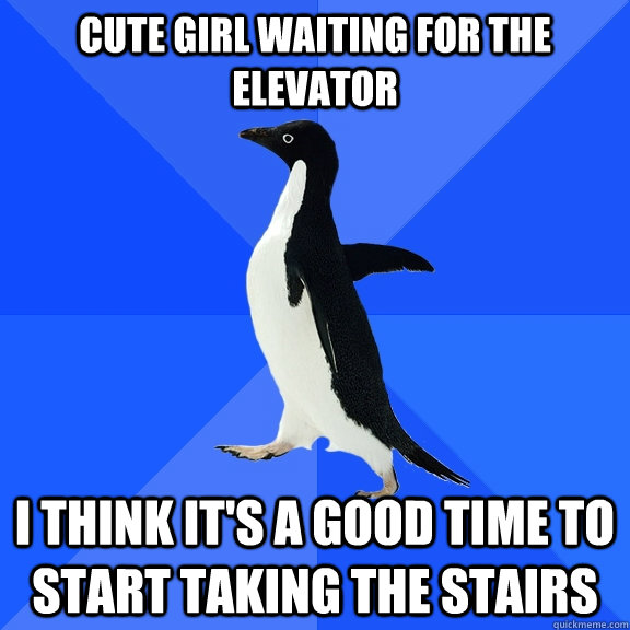Cute girl waiting for the elevator I think it's a good time to start taking the stairs  Socially Awkward Penguin