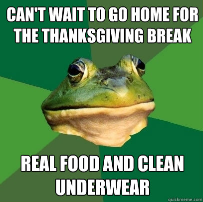 can't wait to go home for the thanksgiving break real food and clean underwear  Foul Bachelor Frog